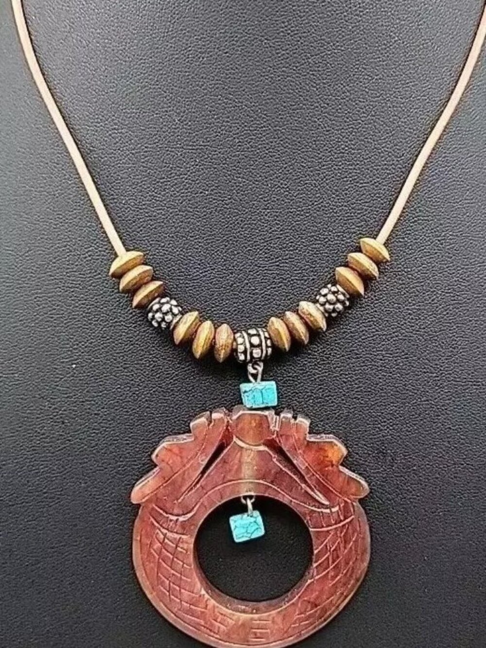 Vtg Carved Red Jadeite Jade Double Dragon Bi Pendant Necklace Turquoise 925 18"